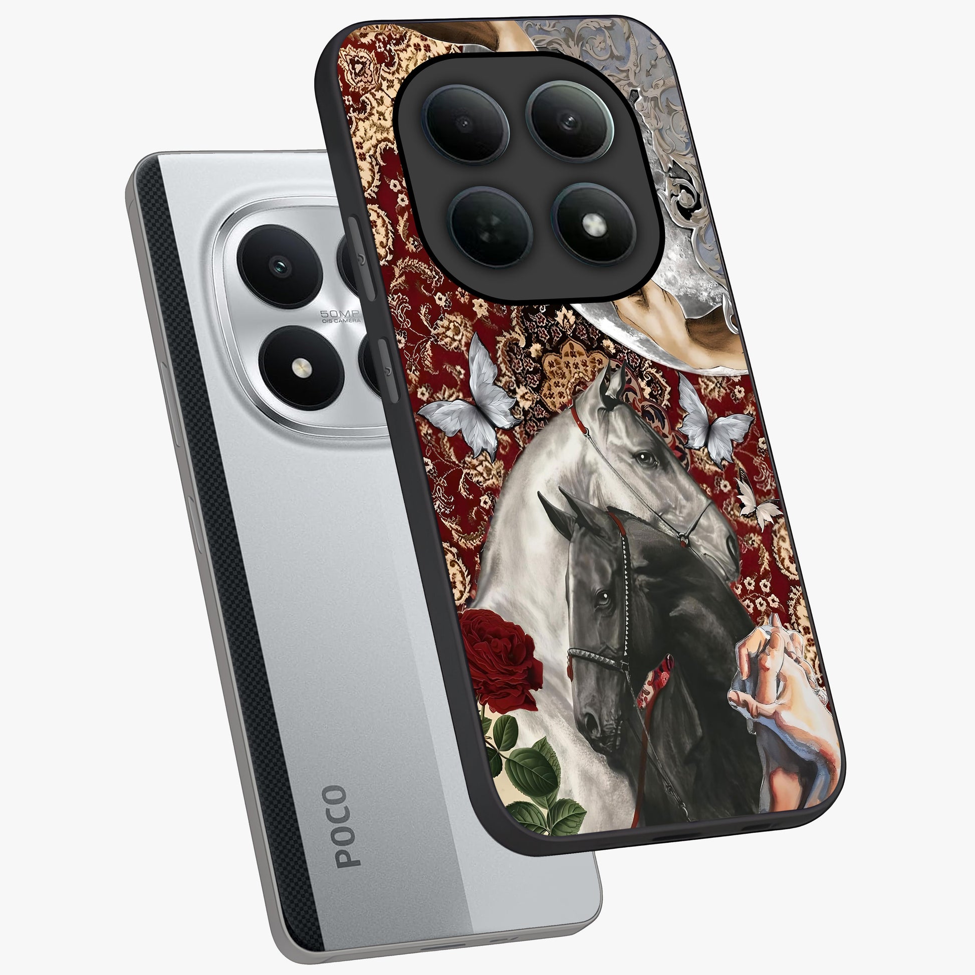 Moonlit Royal Stallion Glass Case displayed in angled mockup highlighting powerful stallion illustration with royal night aesthetic.