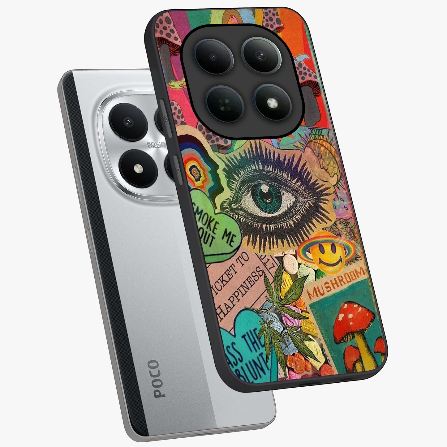 Mystic Eye Wonderland Glass Case displayed in angled mockup highlighting magical eye illustration with dreamy aesthetic.