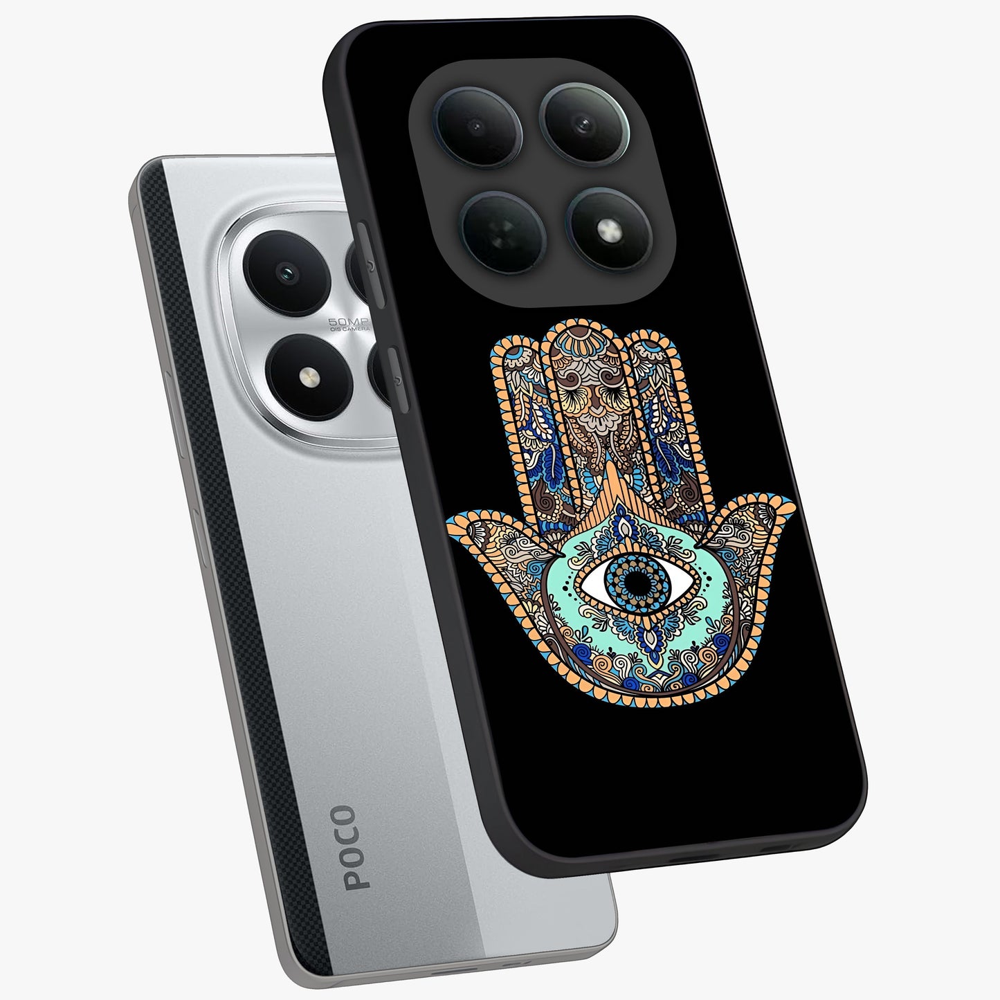 Mystic Hamsa Eye Glass Case displayed in angled mockup highlighting spiritual hamsa symbol with mystical aesthetic style.