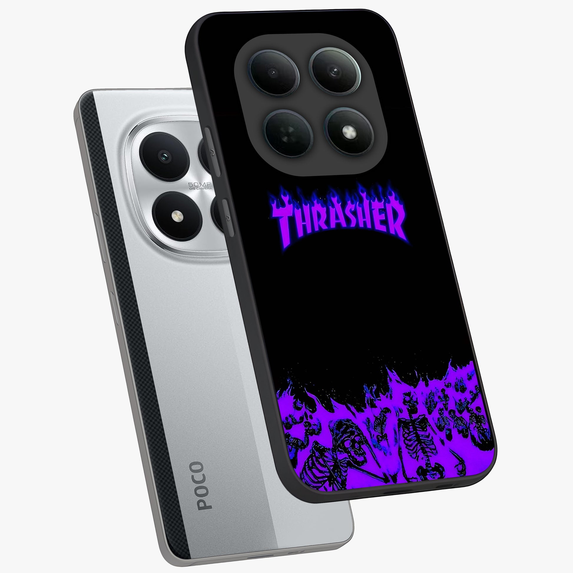 Neon Flame Riot Glass Case displayed in angled mockup highlighting glowing flame design with vibrant neon aesthetic.