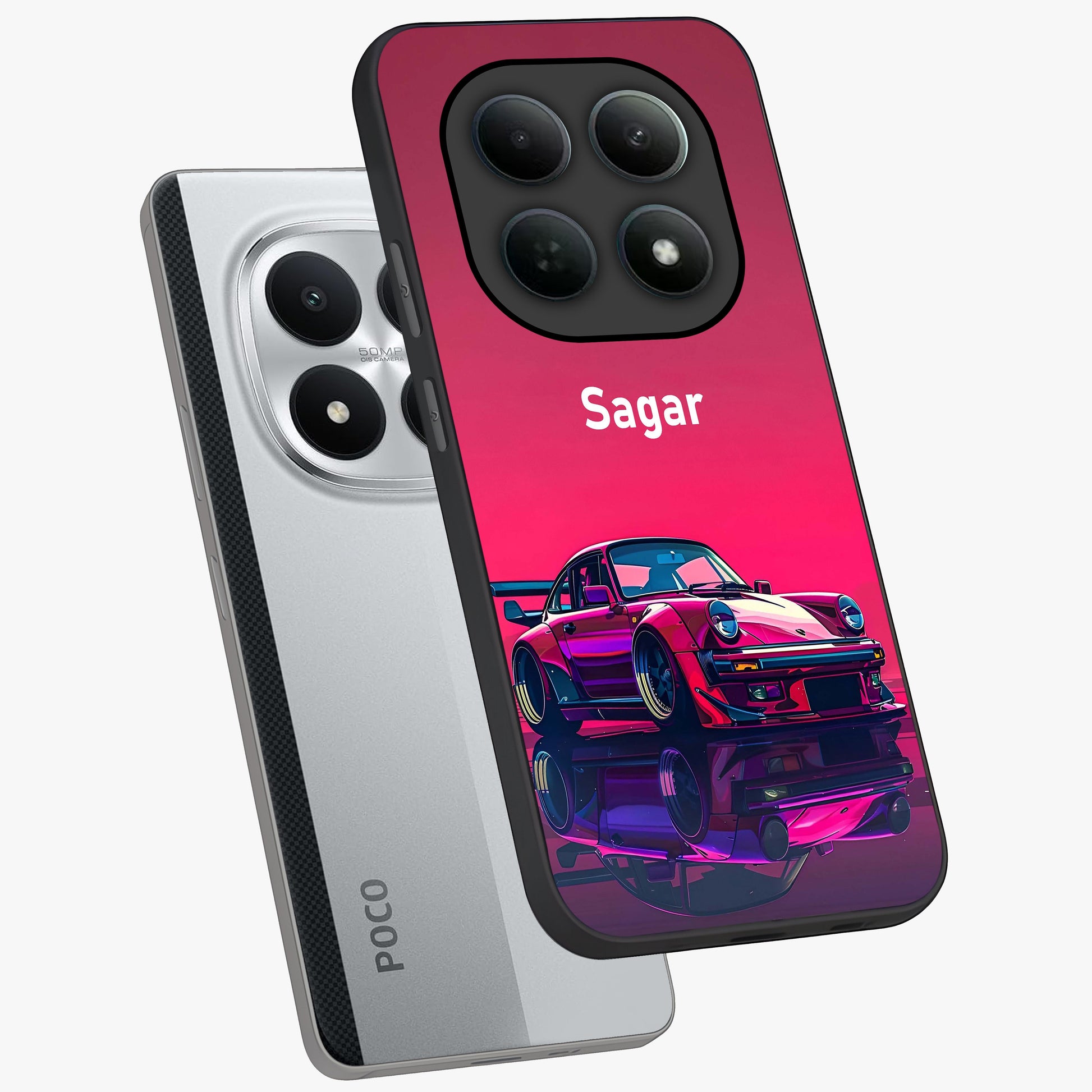 Neon Pink Porsche Glass Case displayed in angled mockup highlighting sleek neon pink car design with racing aesthetic.