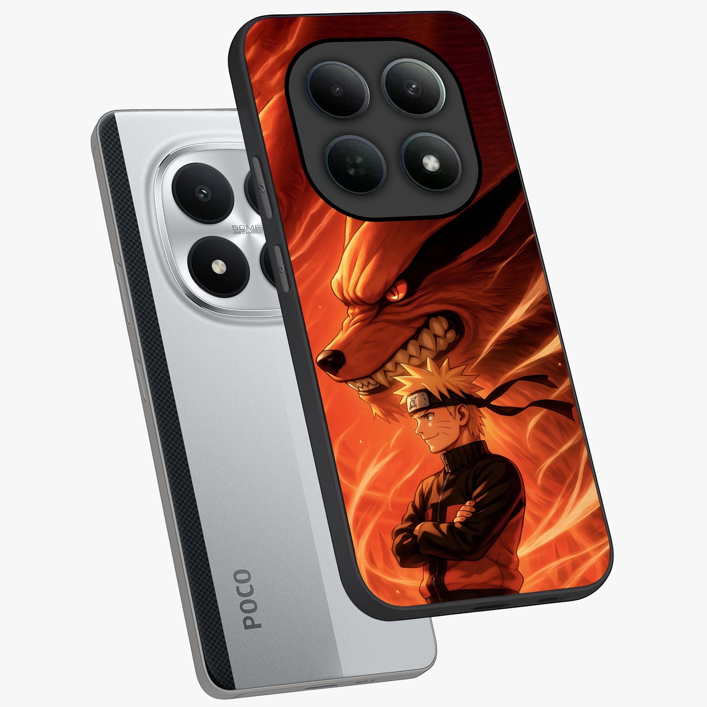 Nine Tails Legacy Glass Case displayed in angled mockup highlighting dynamic anime beast illustration with bold mystical aesthetic.