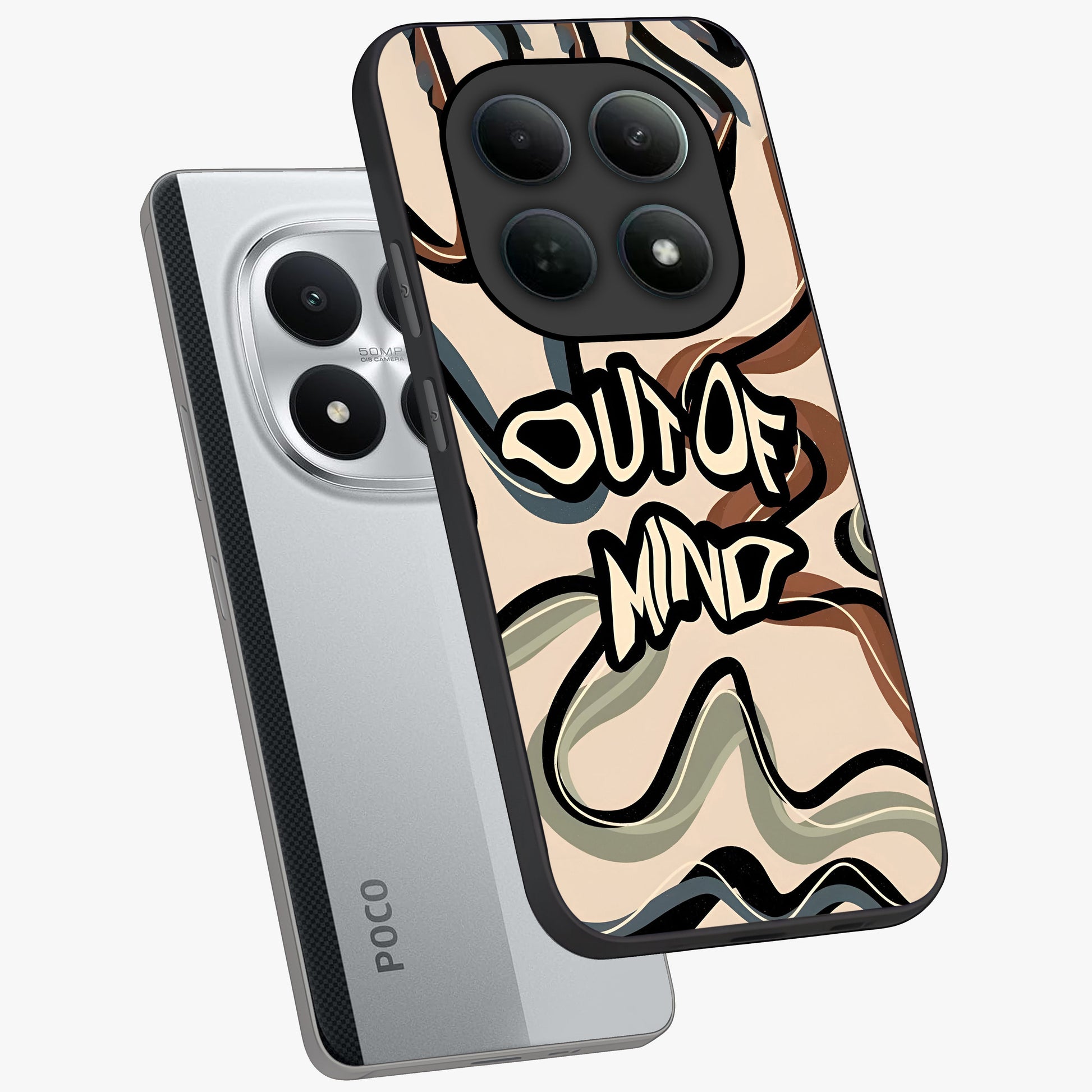 Out Of Mind Glass Case displayed in angled mockup highlighting bold statement design with modern artistic aesthetic.