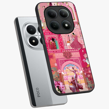 Pink Palace Muse Glass Case displayed in angled mockup highlighting dreamy palace illustration with soft pink aesthetic.