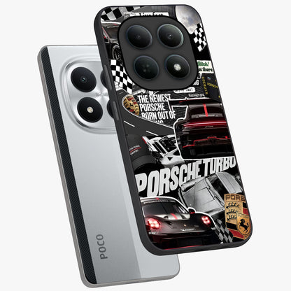 Porsche Racing Collage Glass Case displayed in angled mockup highlighting dynamic automotive design with bold racing aesthetic.