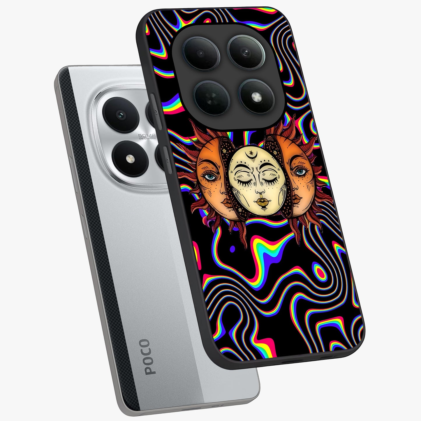 Psychedelic Sun Glass Case displayed in angled mockup highlighting vibrant abstract sun design with artistic aesthetic style.