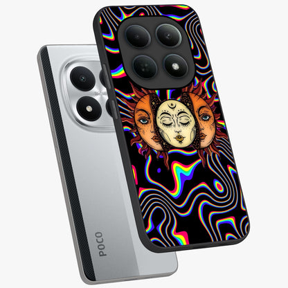 Psychedelic Sun Glass Case displayed in angled mockup highlighting vibrant abstract sun design with artistic aesthetic style.