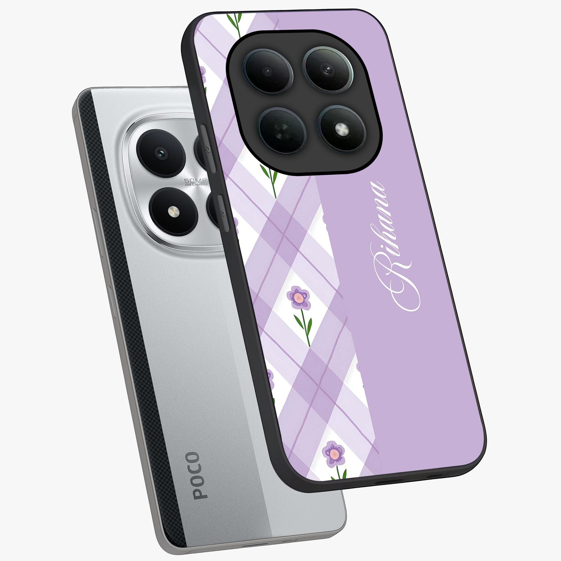 Purple Diamond Floral Glass Case displayed in angled mockup highlighting elegant purple flower design with decorative pattern.
