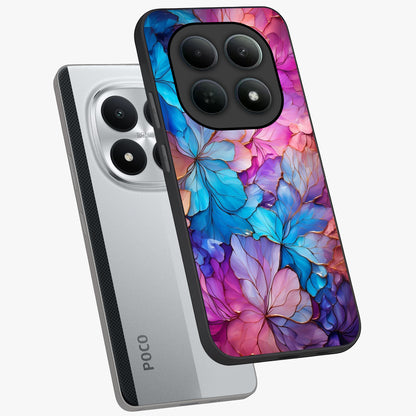Radiant Floral Whirl Glass Case displayed in angled mockup highlighting vibrant flower pattern with dynamic artistic aesthetic.