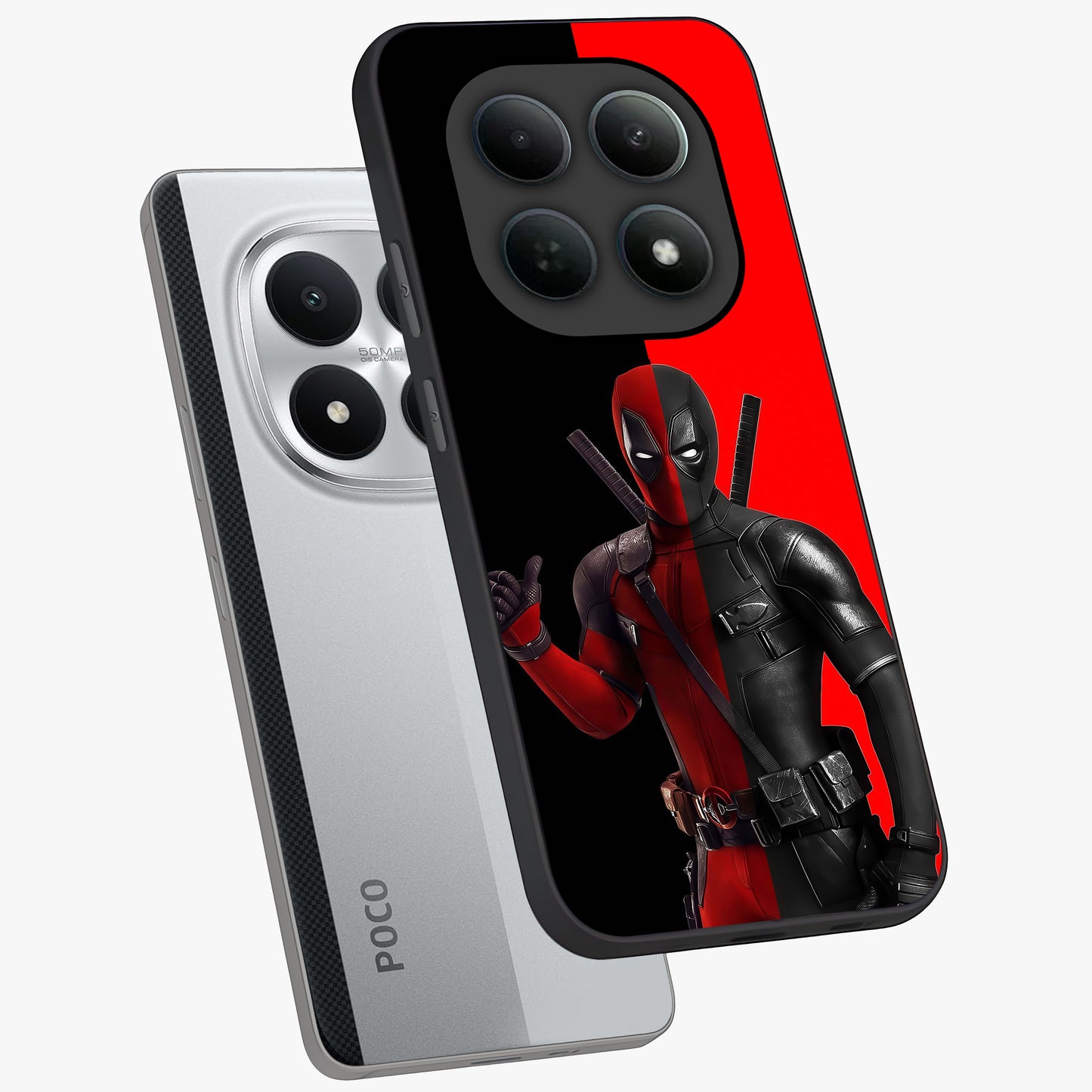 Red & Black Deadpool Theme Glass Case displayed in angled mockup highlighting vibrant superhero style illustration with action aesthetic.