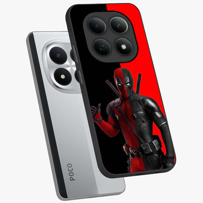 Red & Black Deadpool Theme Glass Case displayed in angled mockup highlighting vibrant superhero style illustration with action aesthetic.