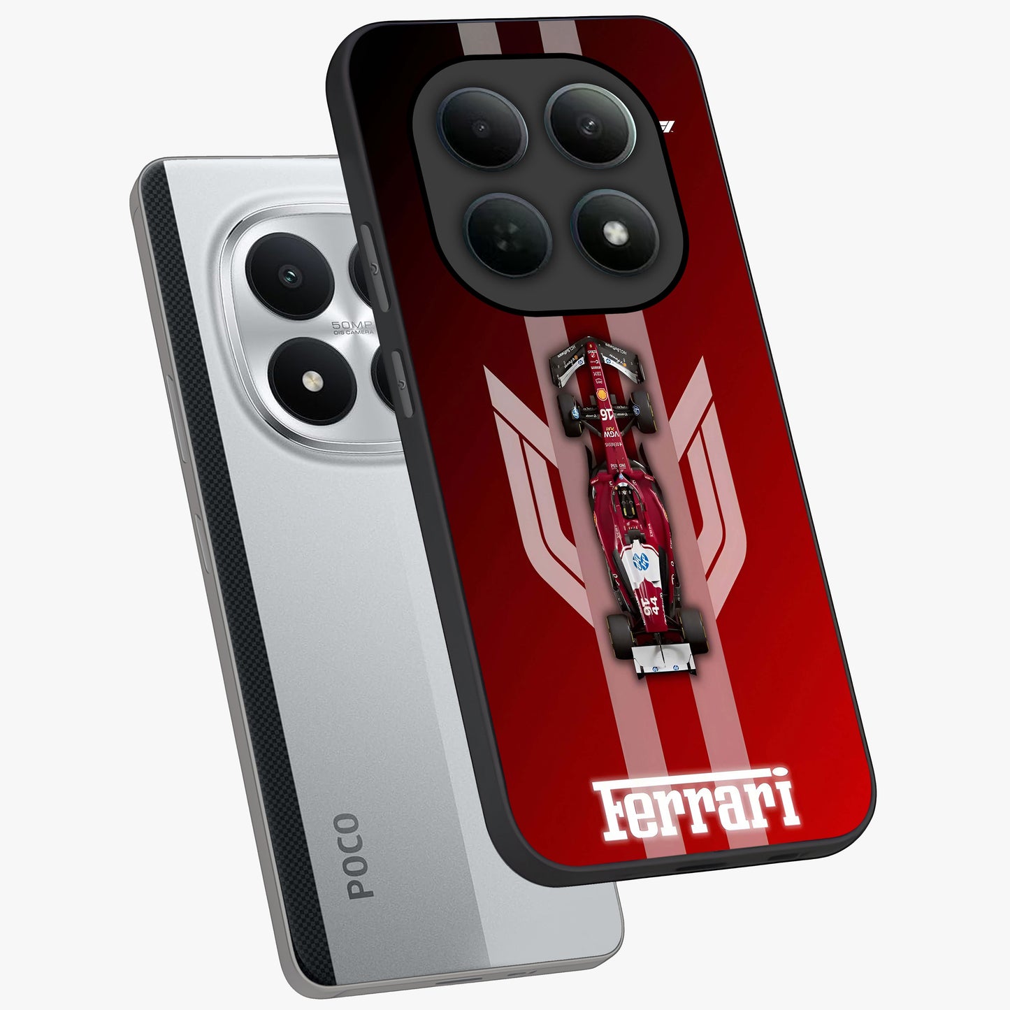 Red Ferrari F1 Vertical Glass Case displayed in angled mockup highlighting high speed racing design with bold automotive aesthetic.