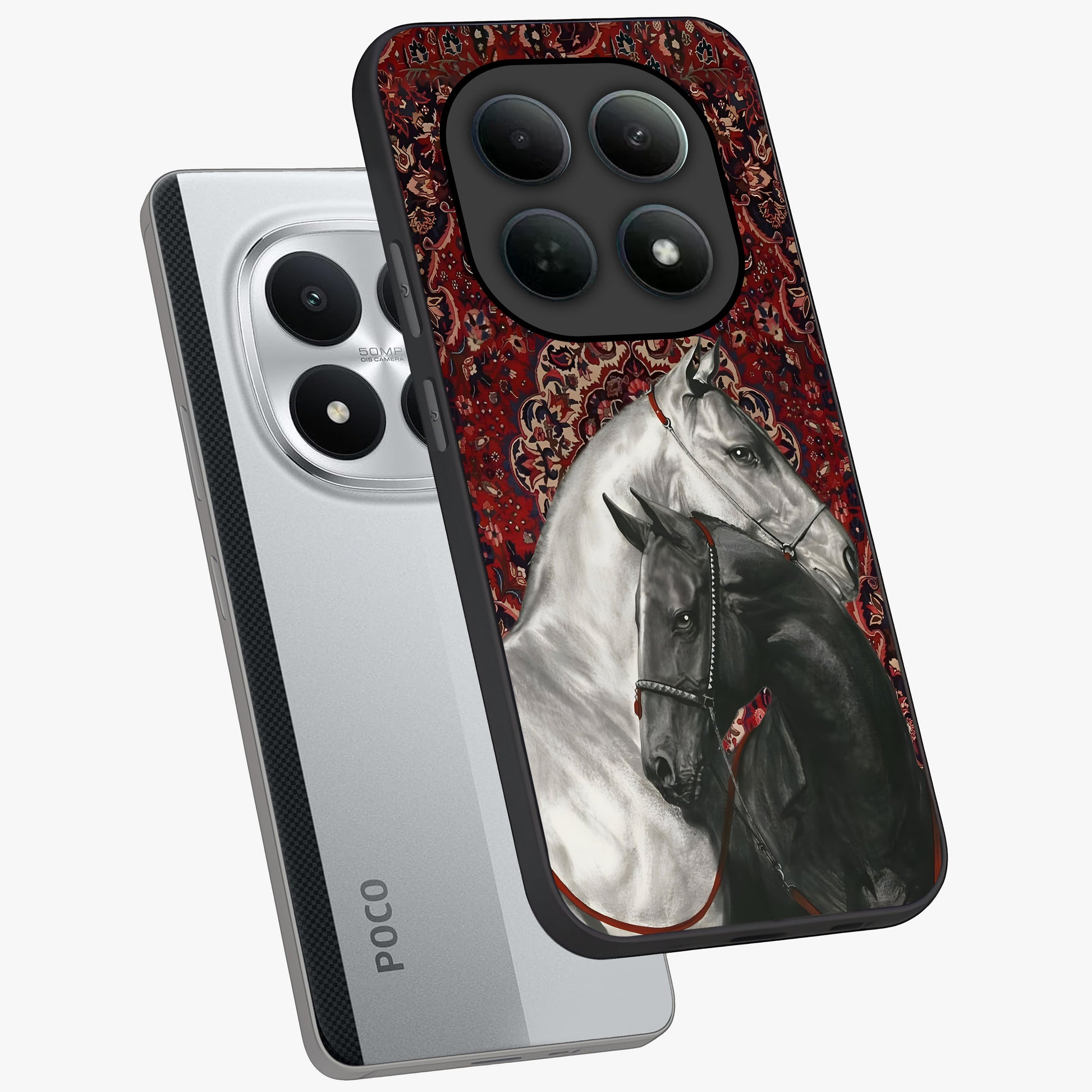 Regal Stallion Tapestry Glass Case displayed in angled mockup highlighting royal stallion design with decorative heritage aesthetic.