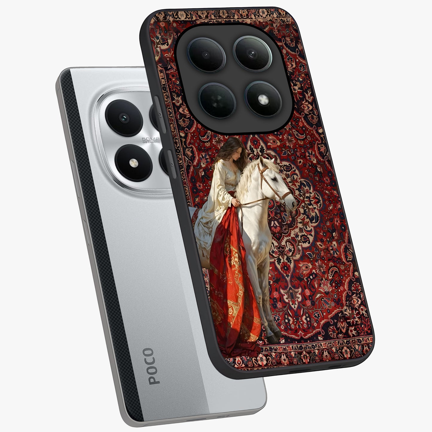 Royal Rider Tapestry Glass Case displayed in angled mockup highlighting traditional tapestry design with royal heritage aesthetic.