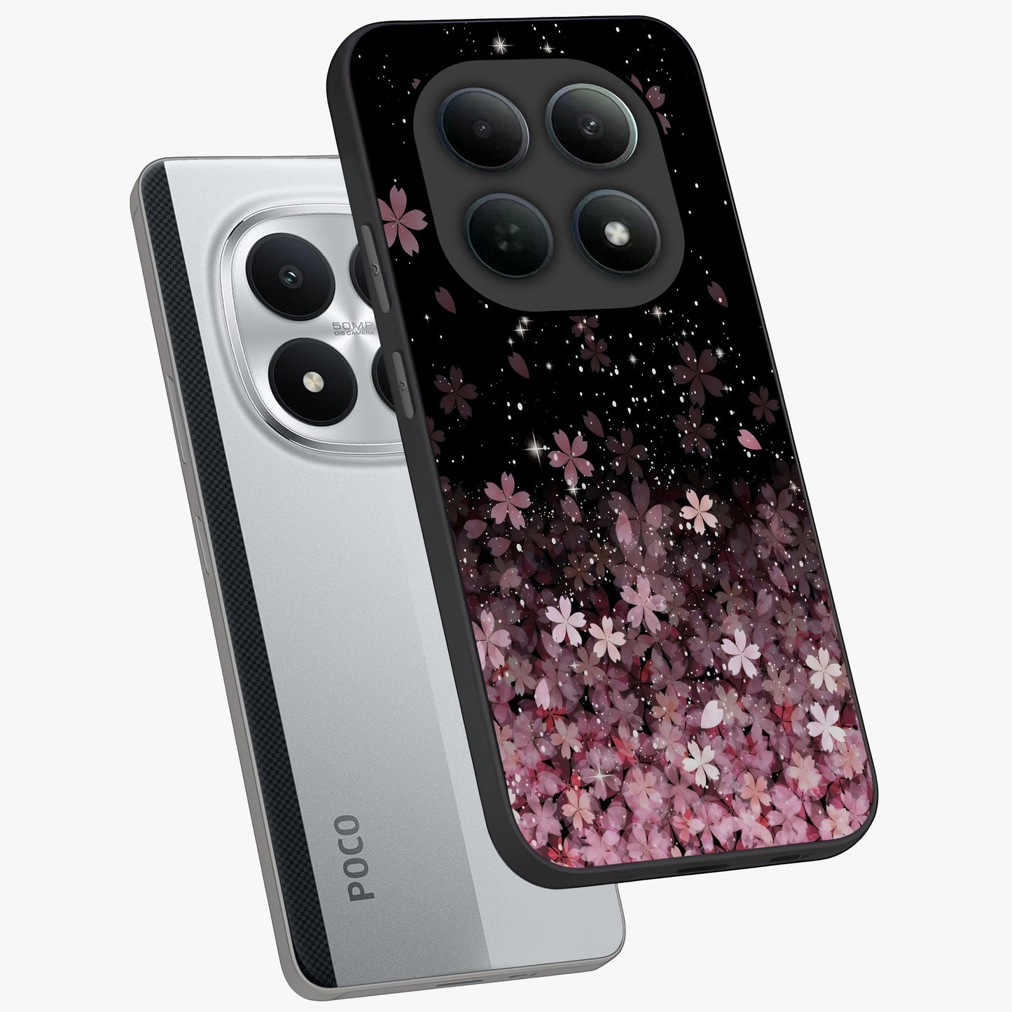 Small Starry Flowers Glass Case displayed in angled mockup highlighting tiny flower pattern with celestial aesthetic style.