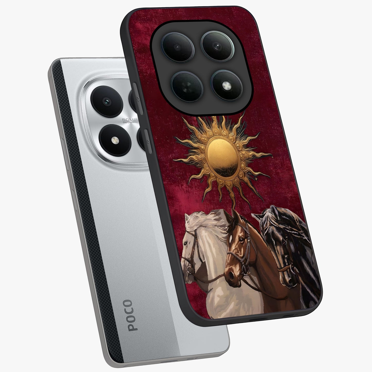 Solar Riders Glass Case displayed in angled mockup highlighting powerful rider illustration with radiant solar aesthetic.