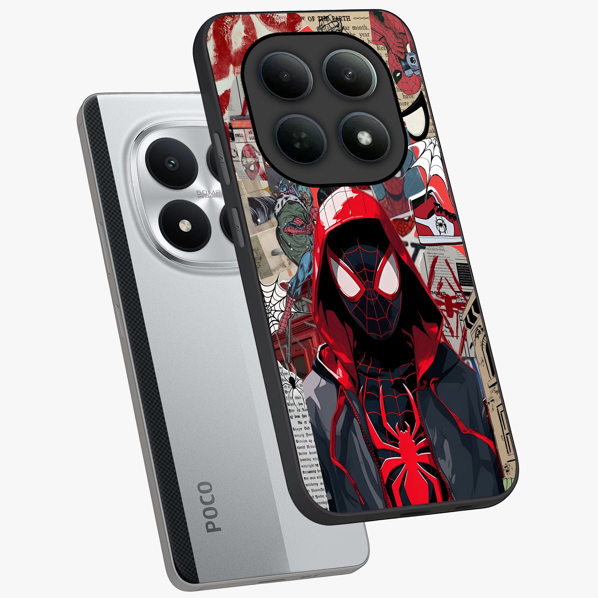 Spider Collage Street Glass Case displayed in angled mockup highlighting dynamic street style collage design with comic aesthetic.