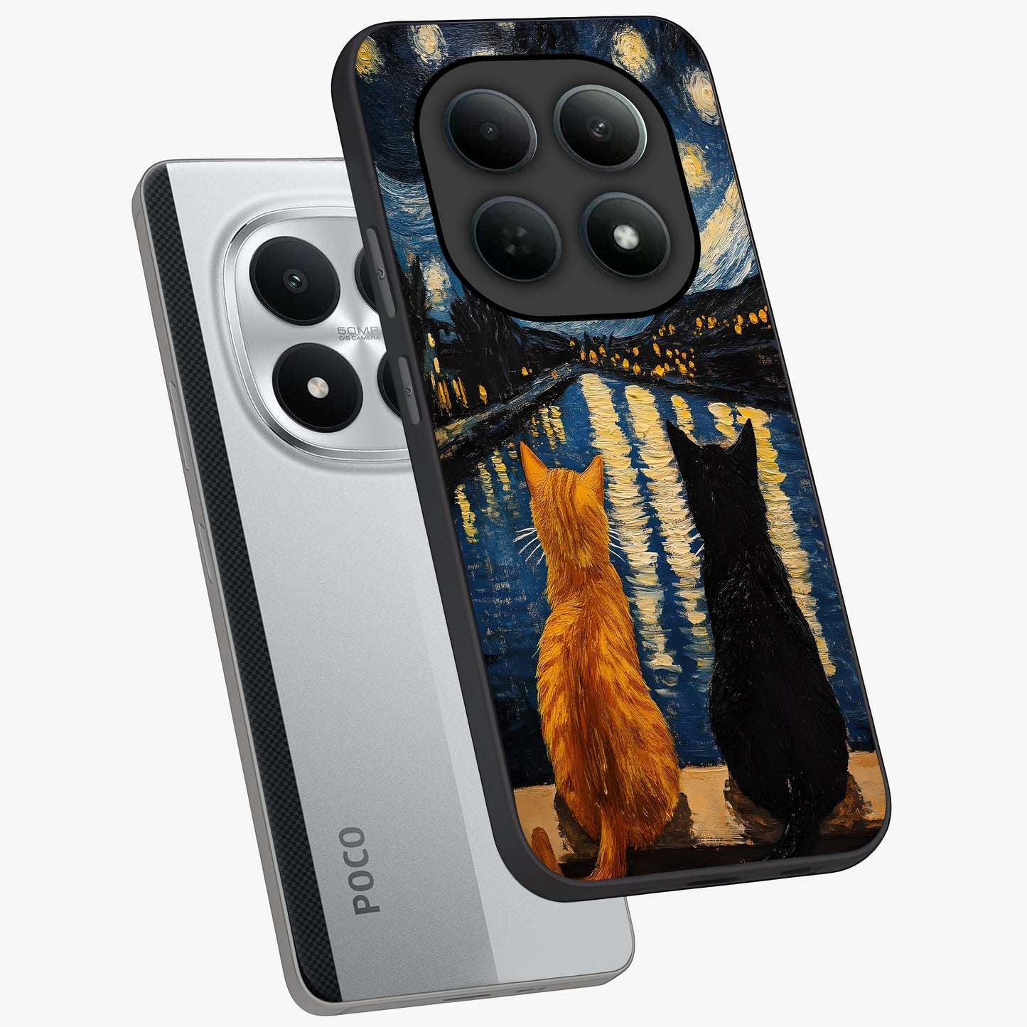 Starry River Cats Glass Case displayed in angled mockup highlighting charming feline illustration with dreamy night aesthetic.