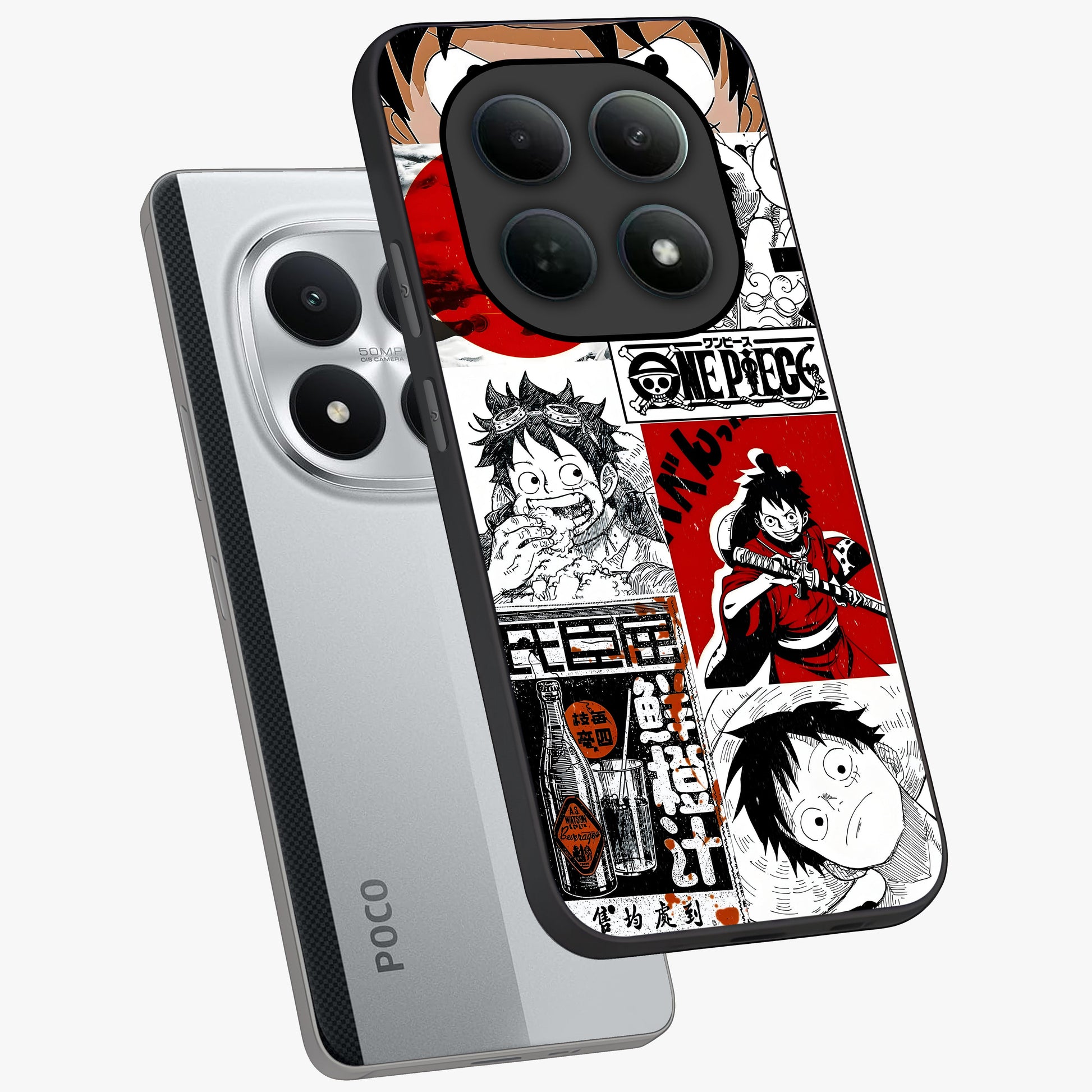 Strawhat Chaos Panels Glass Case displayed in angled mockup highlighting vibrant anime collage design with action aesthetic.