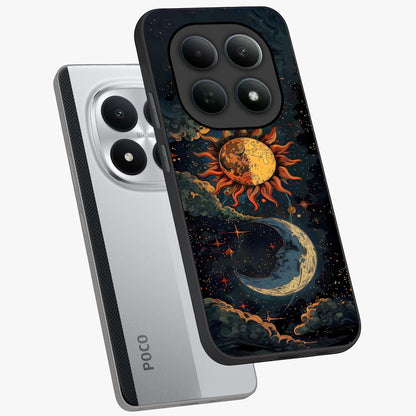 Sun And Moon Magic Design Glass Case displayed in angled mockup highlighting celestial design with magical cosmic aesthetic.