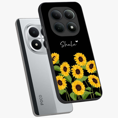 Sunflower Chic Mood Custom Name Glass Case displayed in angled mockup highlighting vibrant sunflower design with custom name feature.