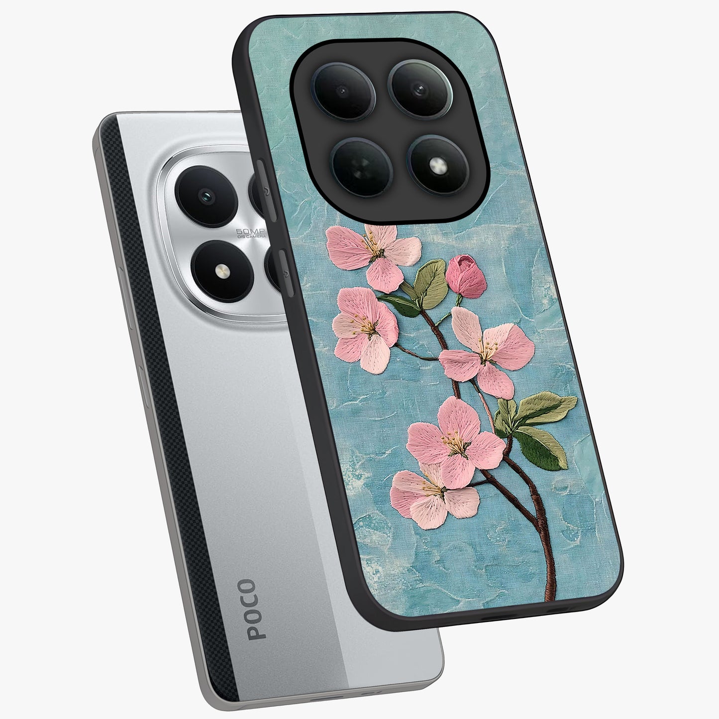 Threaded Blossom Breeze Glass Case displayed in angled mockup highlighting elegant floral design with soft aesthetic style.