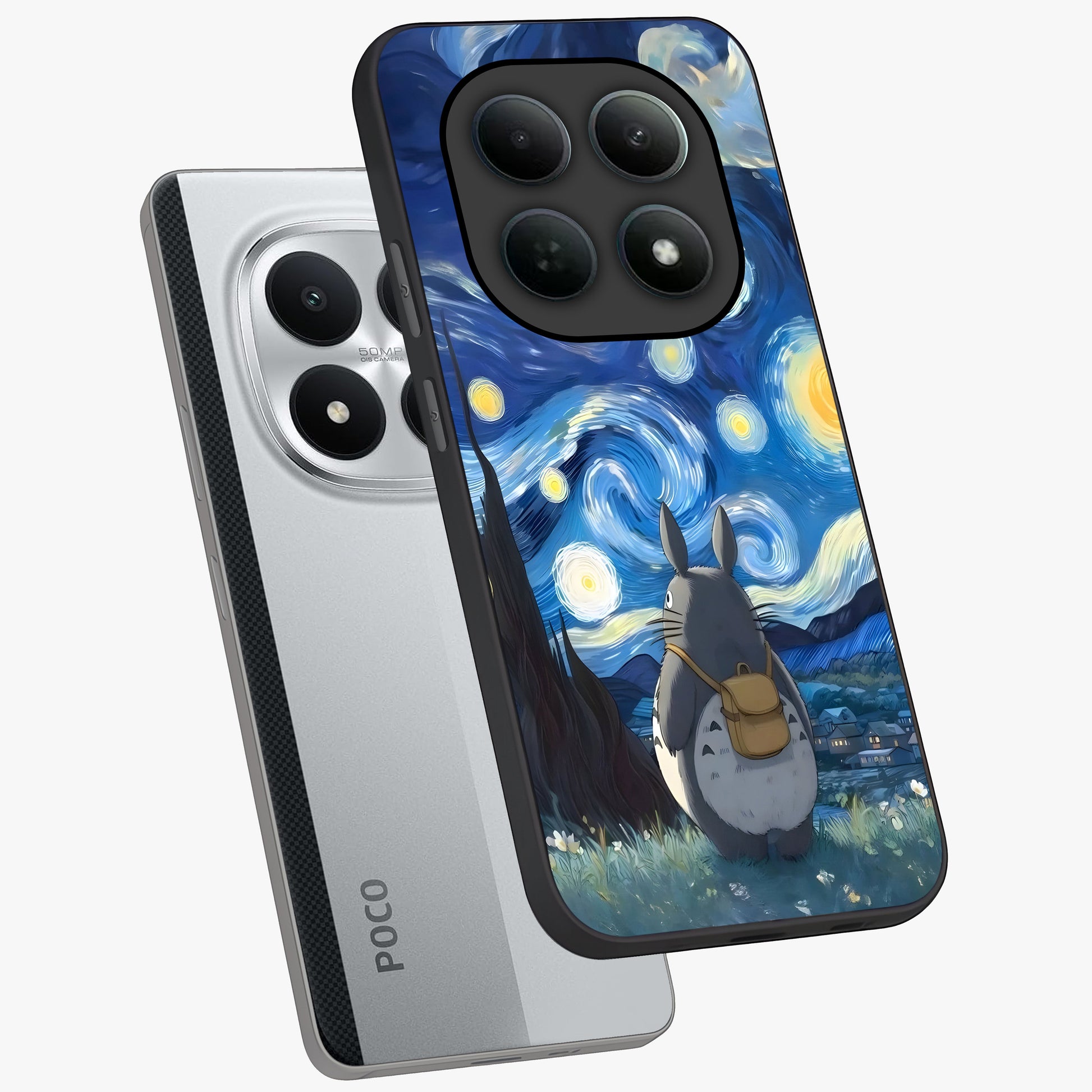 Totoro In Van Gogh Art Glass Case displayed in angled mockup highlighting artistic swirling sky design with playful animation aesthetic.