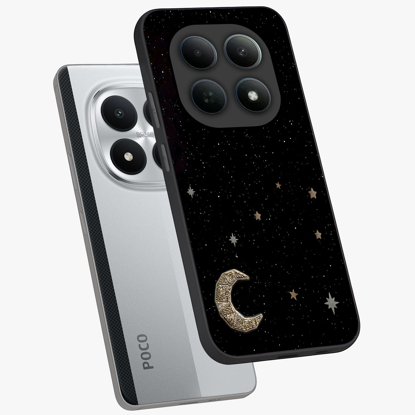 Twinkle Star With Half Moon Glass Case displayed in angled mockup highlighting celestial moon and star design with magical aesthetic.