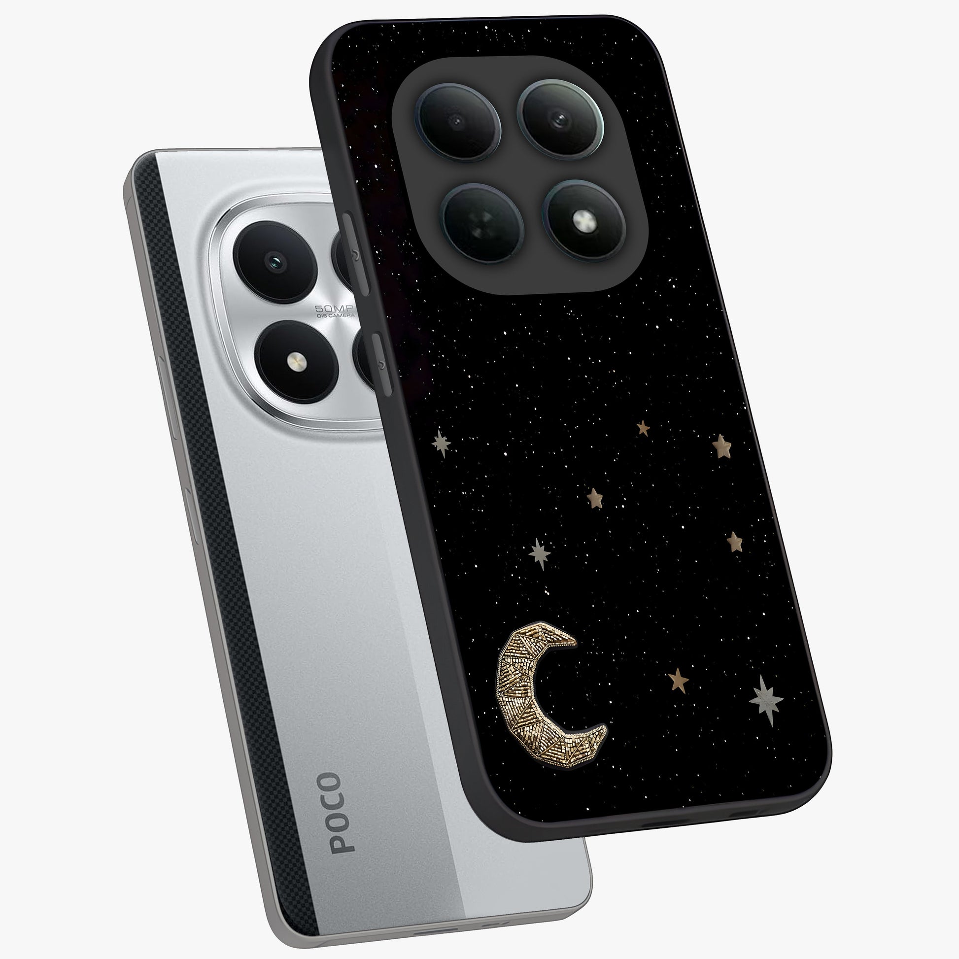 Twinkle Star With Half Moon Glass Case displayed in angled mockup highlighting celestial moon and star design with magical aesthetic.