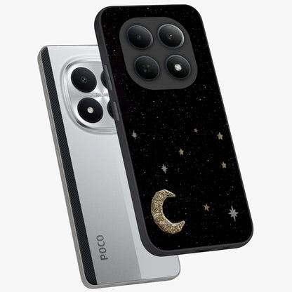 Twinkle Star With Half Moon Glass Case displayed in angled mockup highlighting celestial moon and star design with magical aesthetic.