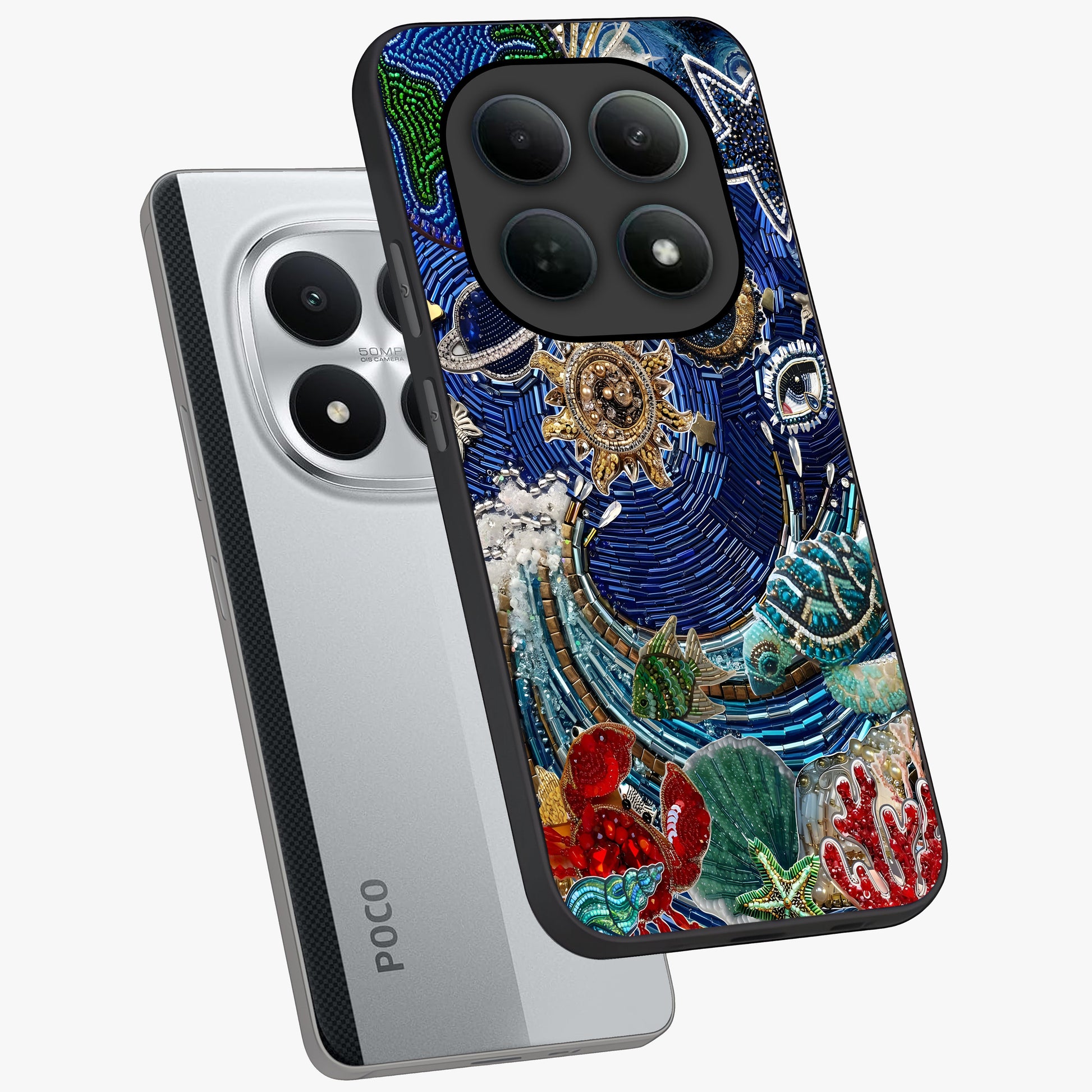 Universe Underwater Spark Glass Case displayed in angled mockup highlighting glowing aquatic design with celestial aesthetic.