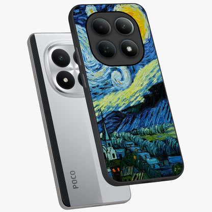 Van Gogh Art Glass Case displayed in angled mockup highlighting swirling brushstroke design with artistic aesthetic.