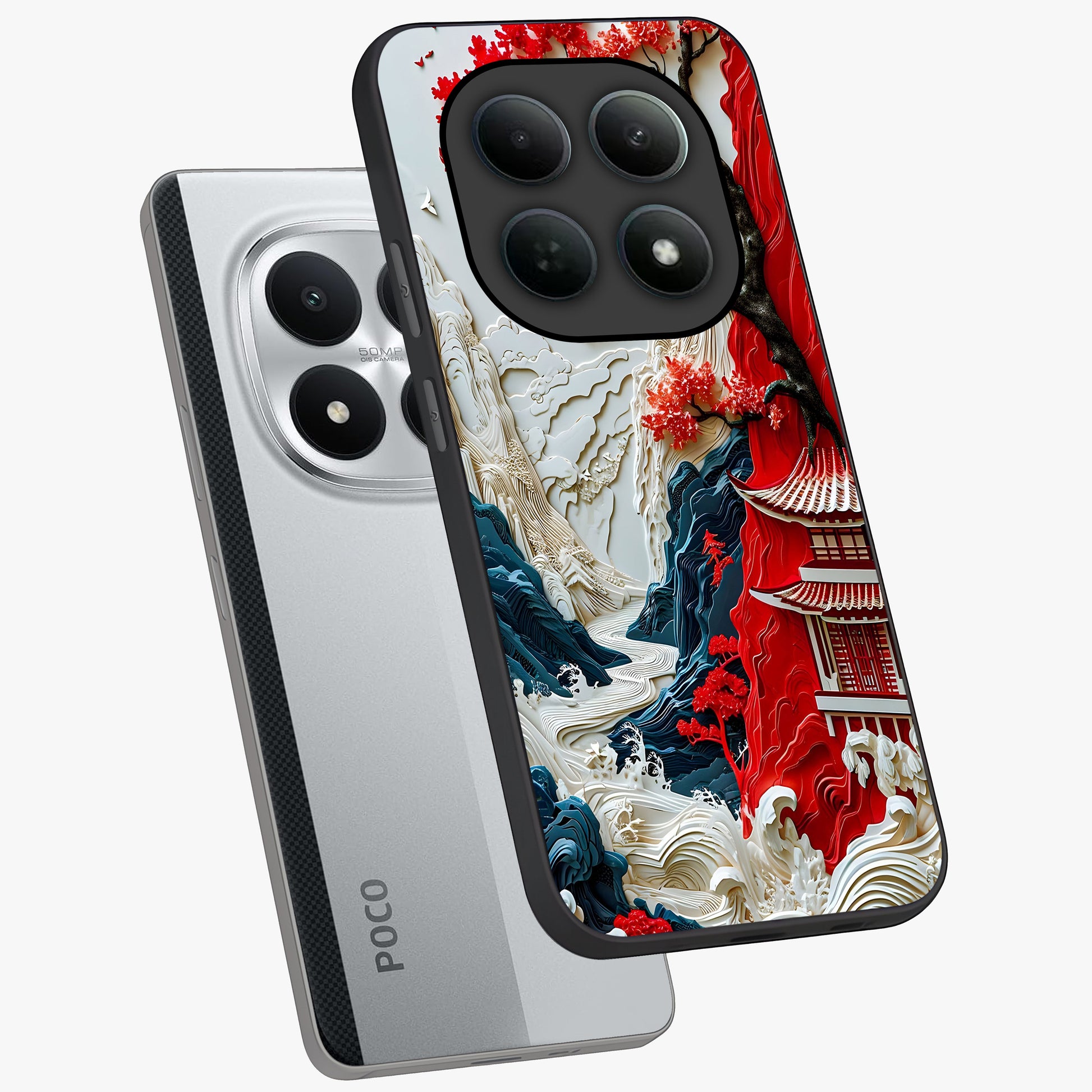 Whispers Of Sakura Waves Glass Case displayed in angled mockup highlighting flowing sakura design with soft floral aesthetic.