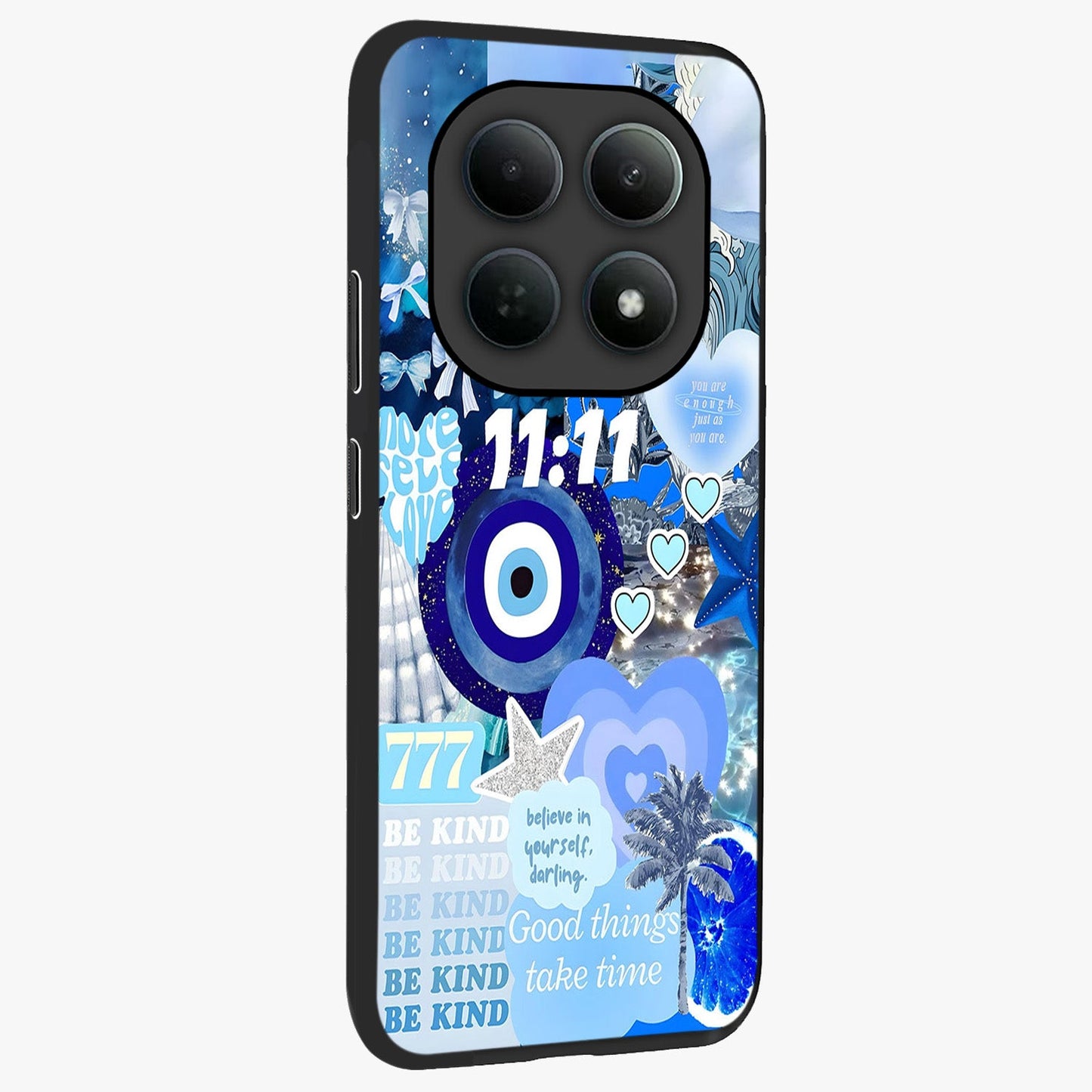 Aesthetic Be Kind Eye Glass Case upright view showcasing stylish eye illustration with positive message theme.