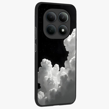 Black Background With White Cloud Glass Case upright view showcasing calm cloud aesthetic with modern minimal style.