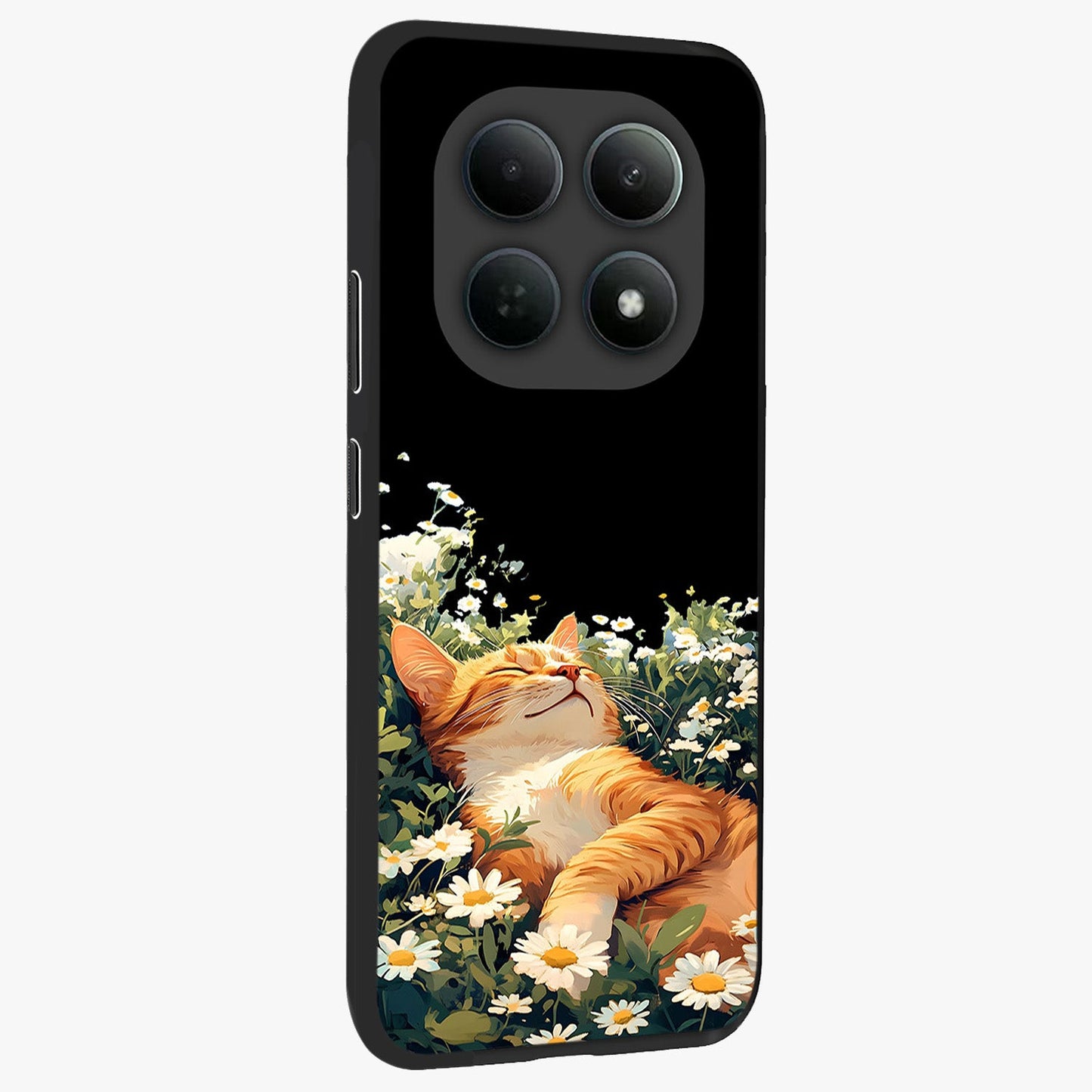 Blissful Bloom Cat Glass Case upright view showcasing charming cat design surrounded by blooming floral elements.