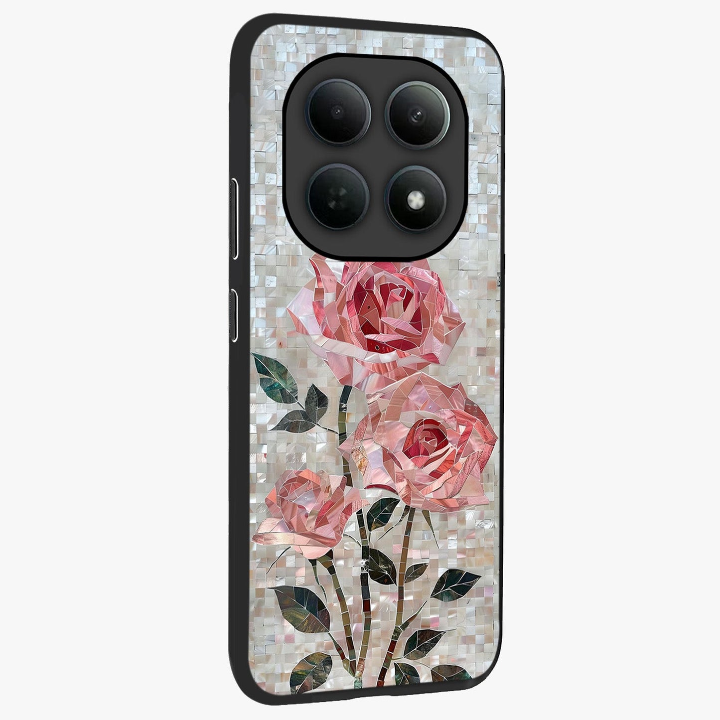 Blush Mosaic Bloom Glass Case upright view showcasing decorative floral mosaic artwork with stylish modern aesthetic.
