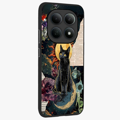 Celestial Black Cat Glass Case upright view showcasing magical black cat illustration with starry cosmic theme.