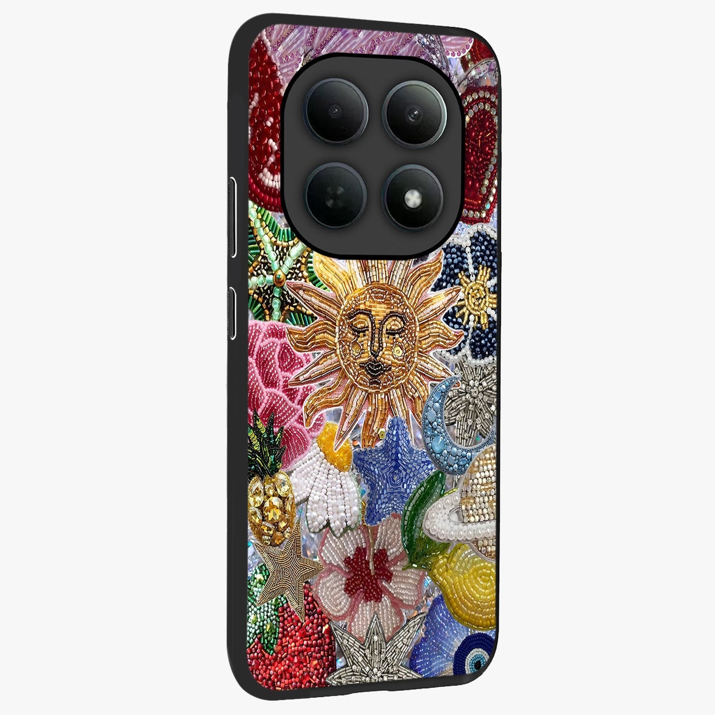 Celestial Floral and Playful Glass Case upright view showcasing whimsical floral artwork with cosmic aesthetic theme.