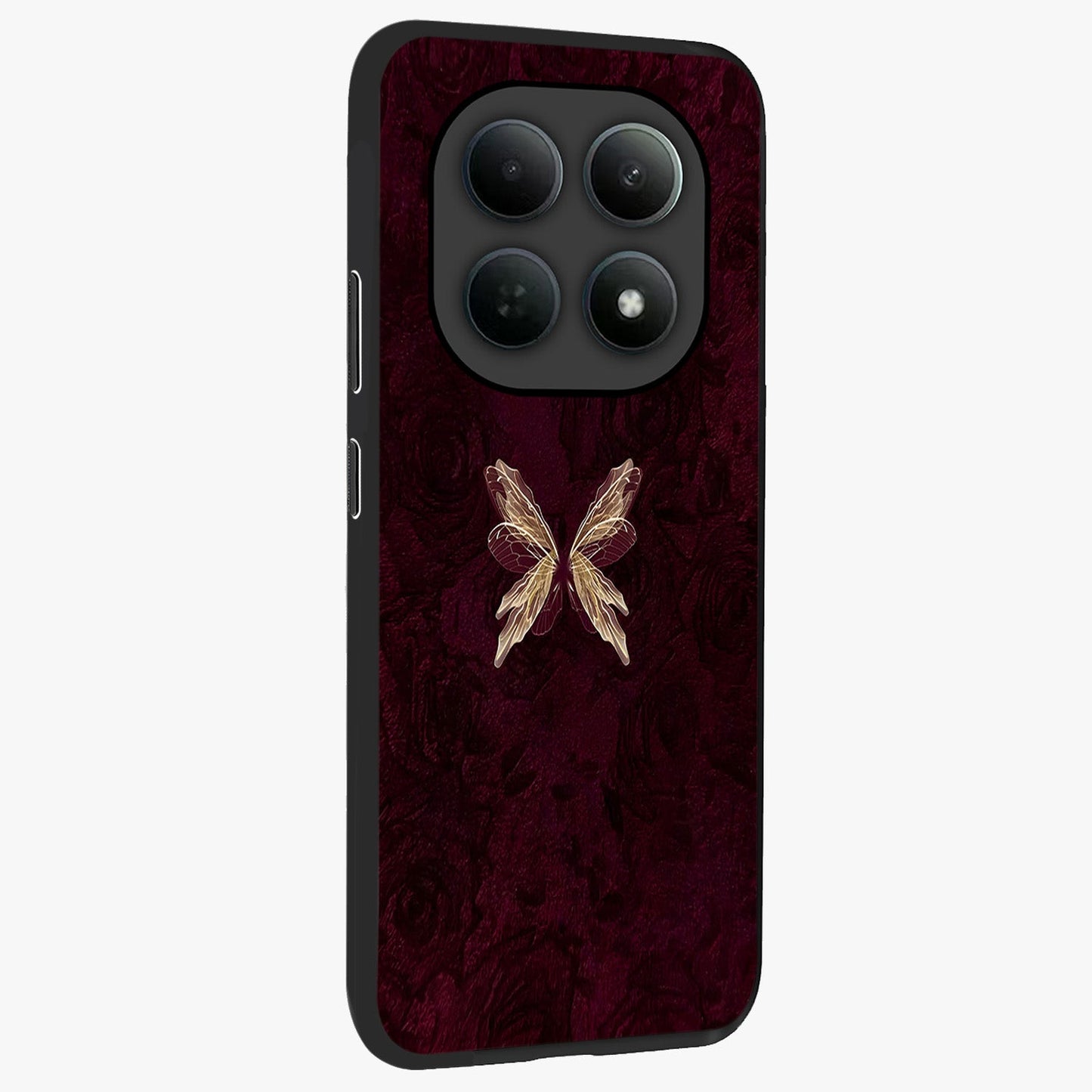 Crimson Fade Butterfly Glass Case upright view showcasing graceful butterfly artwork with soft crimson fade effect.