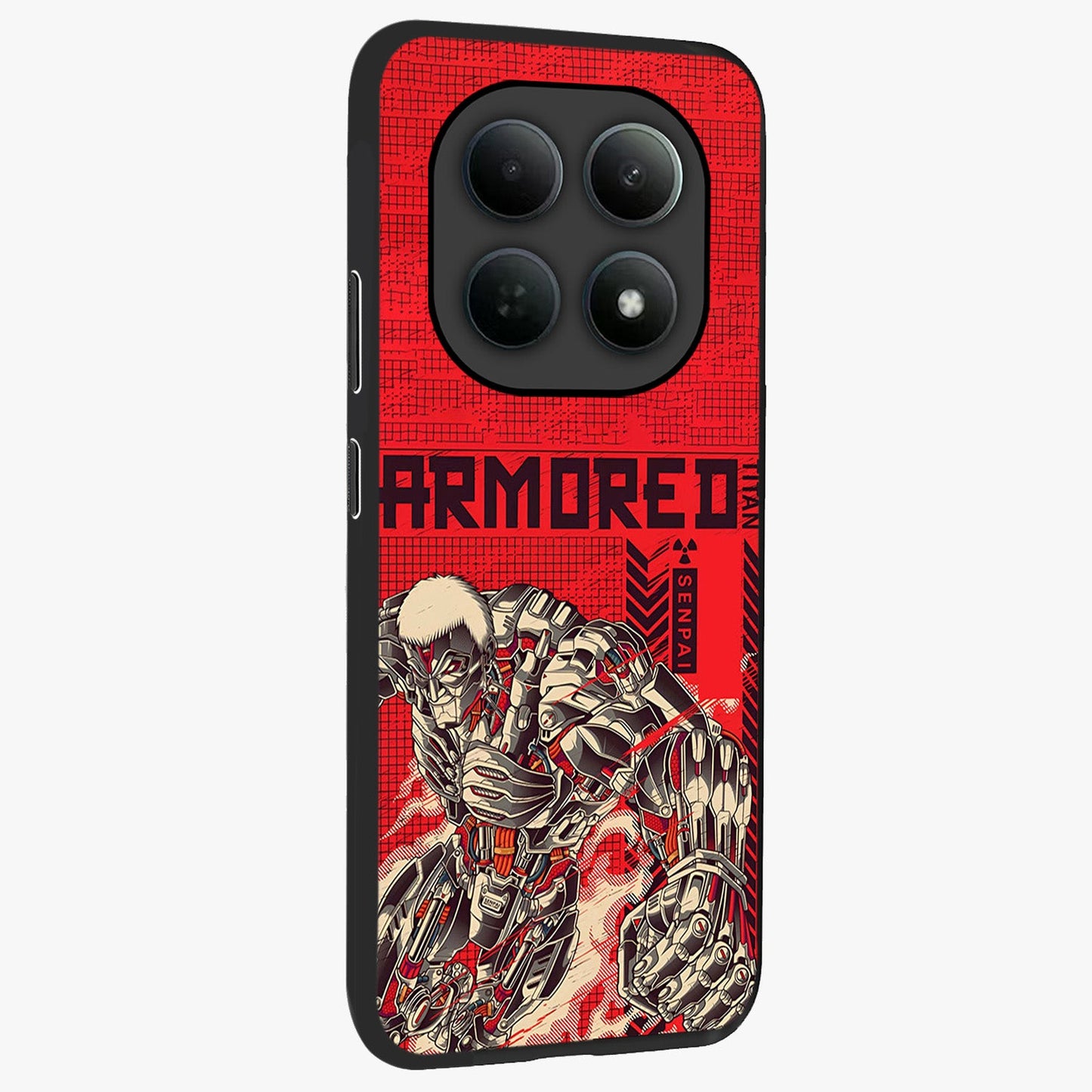 Crimson Mecha Titan Glass Case upright view showcasing dynamic robotic titan design with sci-fi inspired theme.