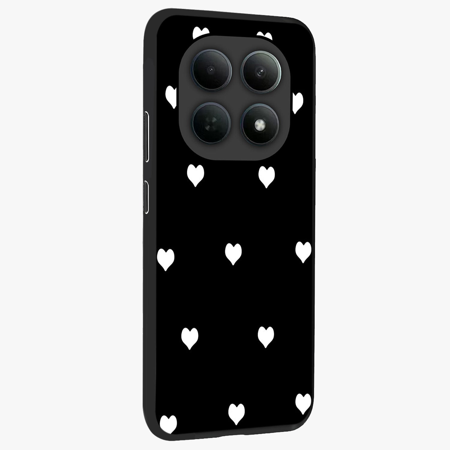 Cute And Simple White Hearts Glass Case upright view showcasing simple white hearts artwork with soft minimal theme.
