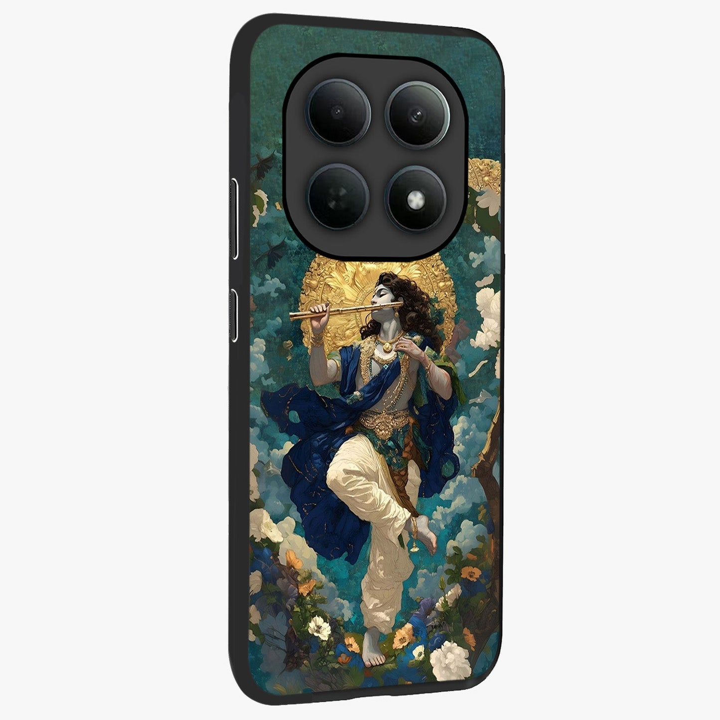 Divine Krishna Art Glass Case upright view showcasing divine Krishna artwork with sacred artistic theme.