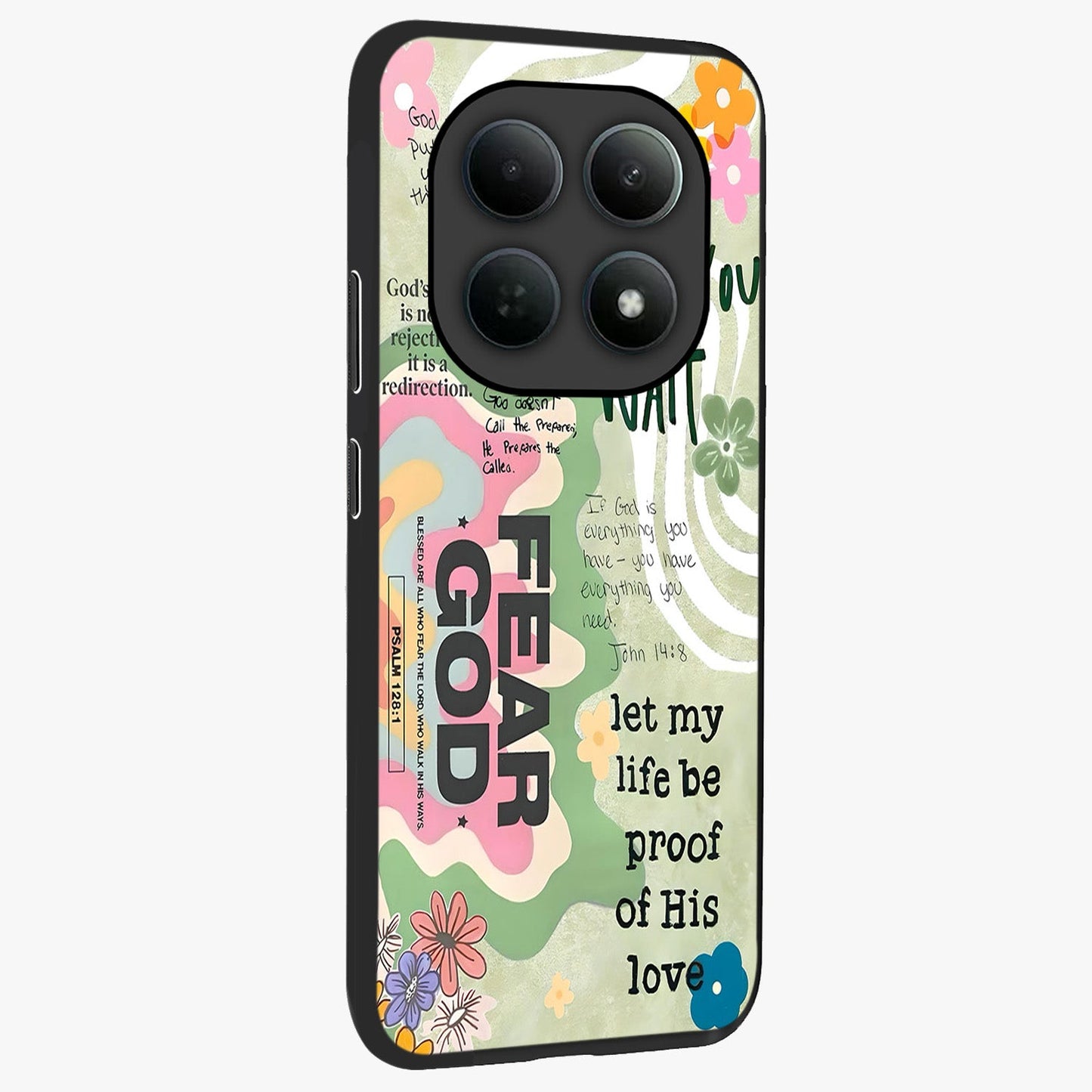 Faith Over Fear Glass Case upright view showcasing bold typography artwork with uplifting motivational theme.