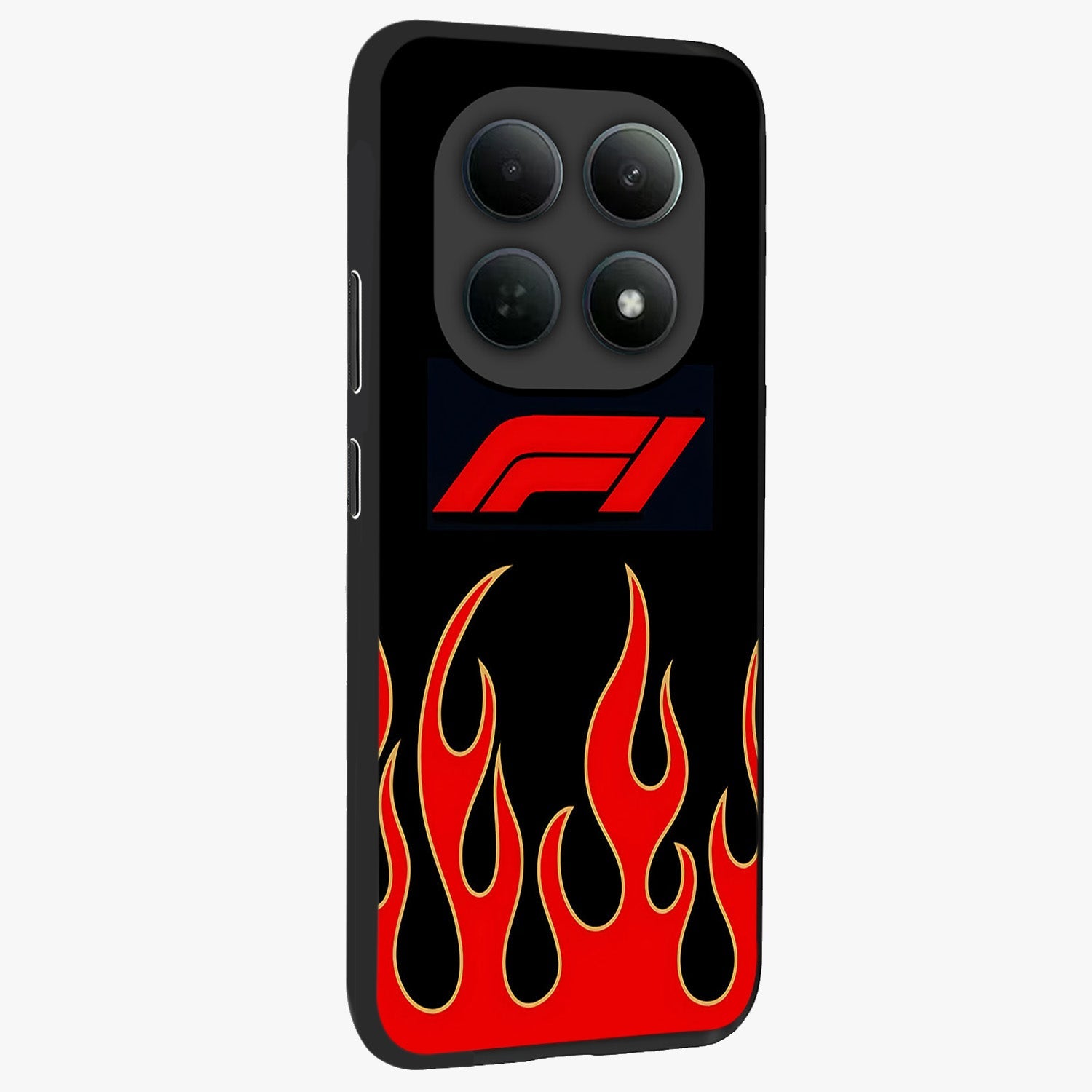 Fire F11 Glass Case upright view showcasing dynamic flame artwork with intense visual theme.