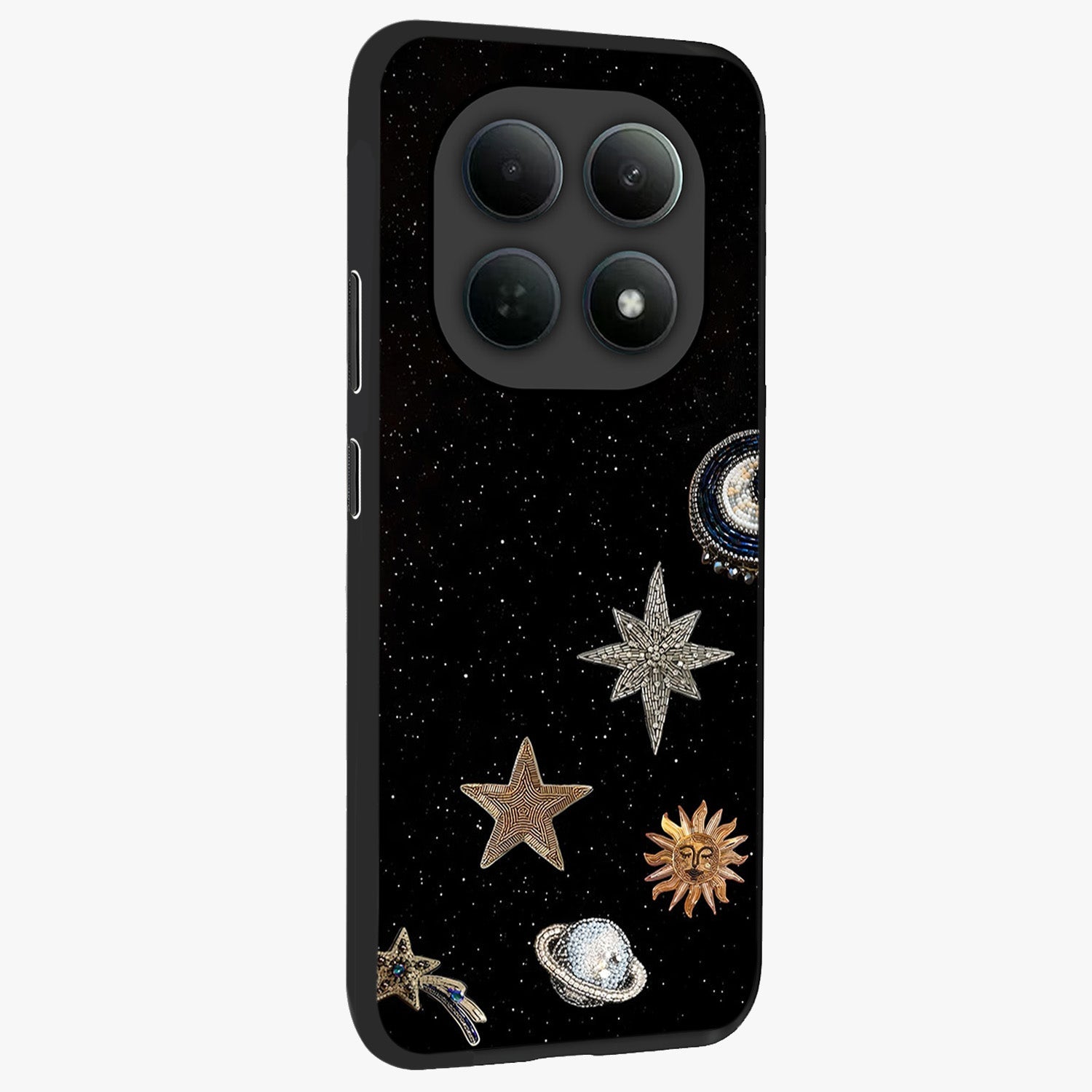 Galactic Charm Glow Glass Case upright view showcasing glowing cosmic charm artwork with magical celestial style.