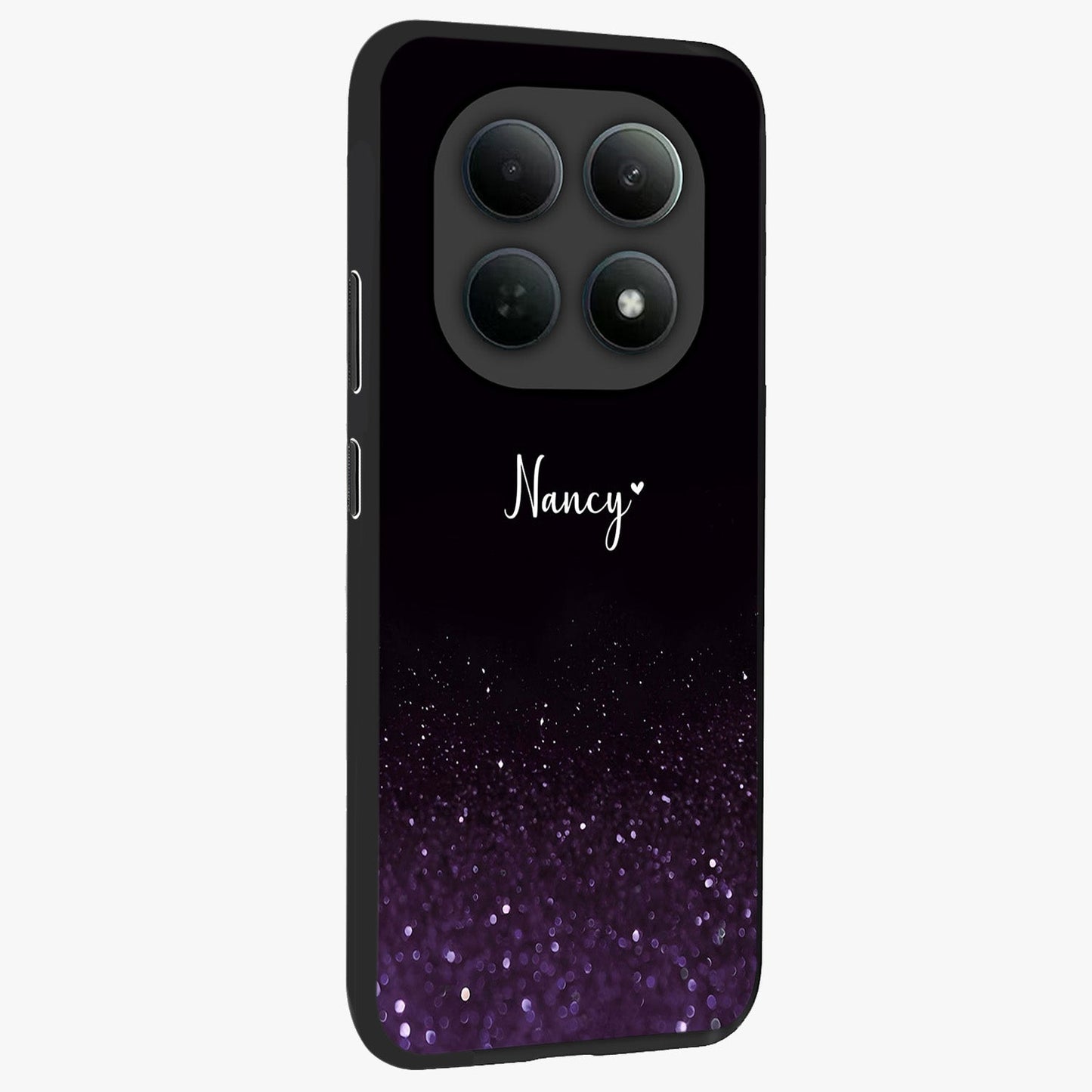 Glittery Purple Bokeh Custom Name Glass Case upright view showcasing vibrant purple sparkle artwork with personalized aesthetic style.