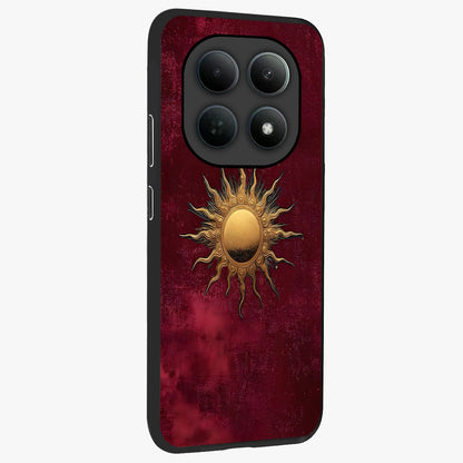 Golden Sun Minimalism Glass Case upright view showcasing simple golden sun artwork with elegant minimalist style.