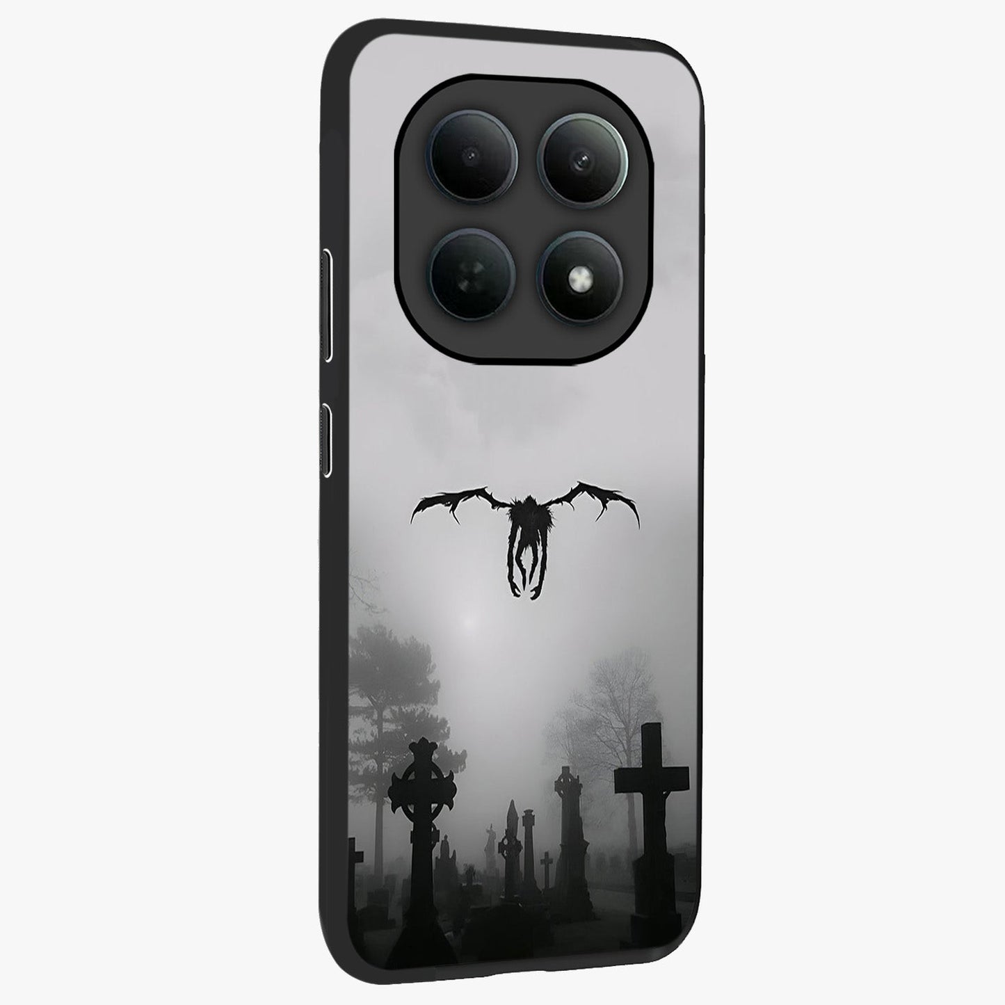 Graveyard Shadow Descent Glass Case upright view showcasing haunting graveyard artwork with dramatic dark theme.