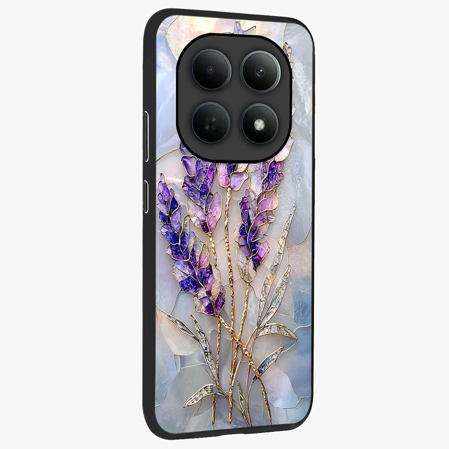 Lavender Dream Glow Glass Case upright view showcasing radiant lavender glow artwork with calming dreamy theme.